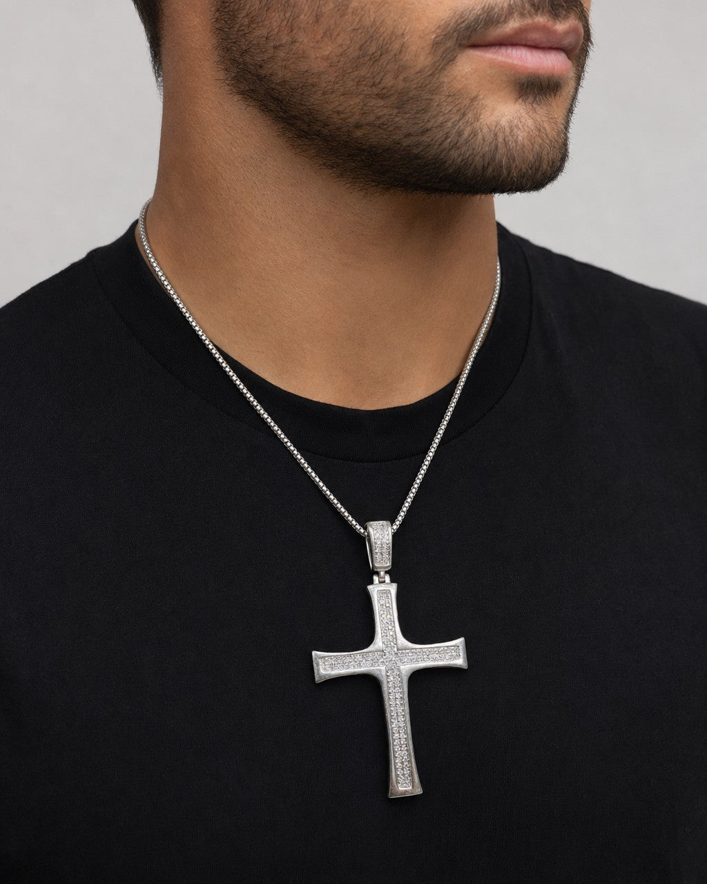 Male model wearing 14K Latin Cross Diamond Pendant