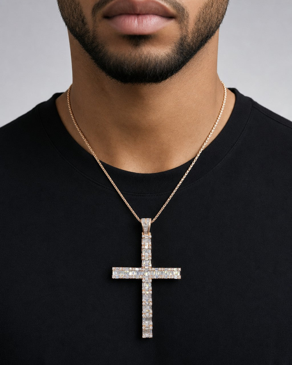 Male model wearing 14K Rose Cross Diamond Baguette Pendant