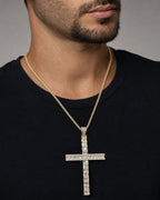 Male model wearing 14K Cross Diamond Baguette Pendant