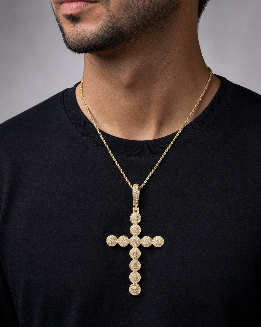Male model wearing 14K Circle Cross Diamond Pendant