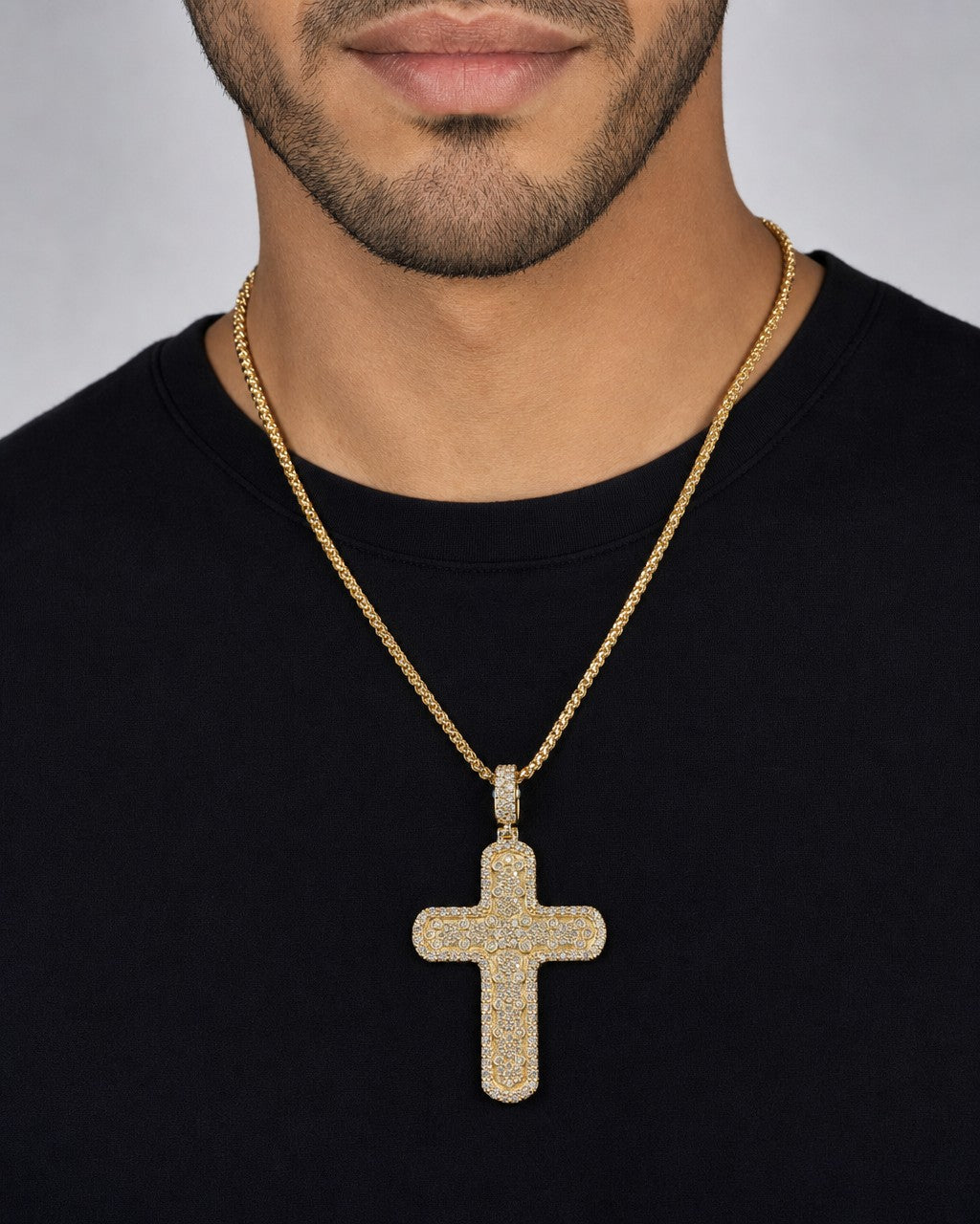 Male model wearing 14K Cross Diamond Pendant