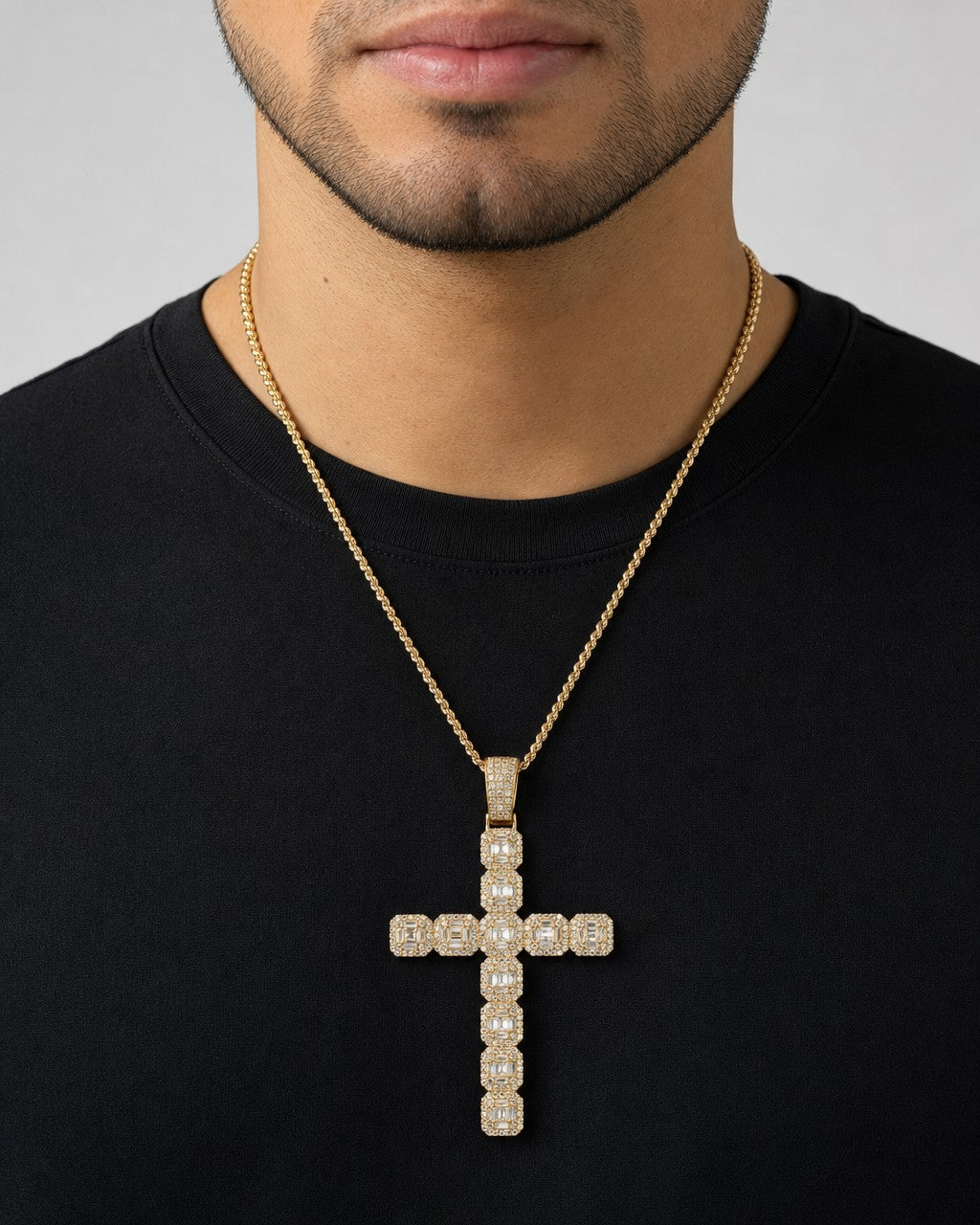 Male model wearing 14K Square Cross Diamond Baguette Pendant