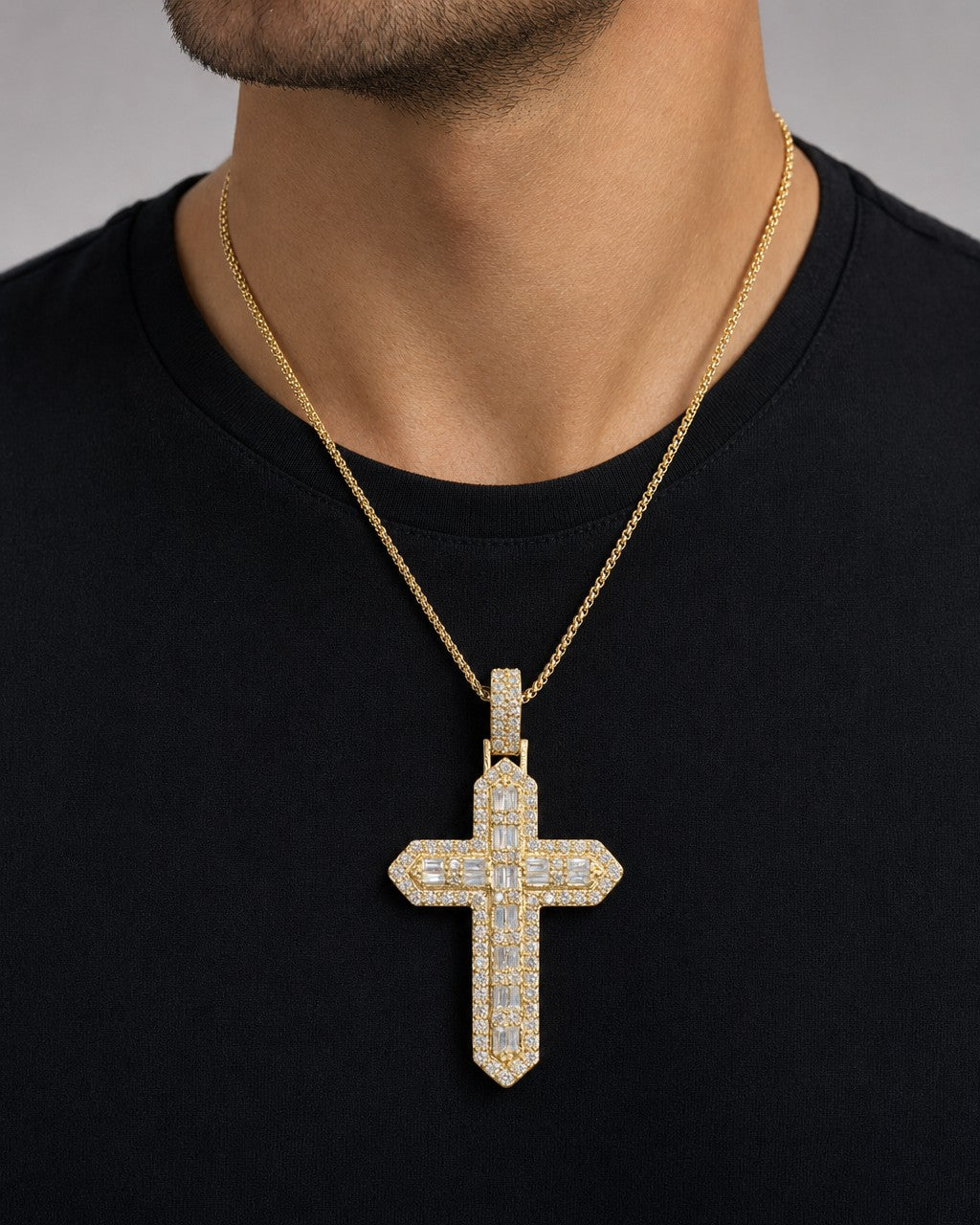 Male model wearing 14K Cross Diamond Baguette Pendant