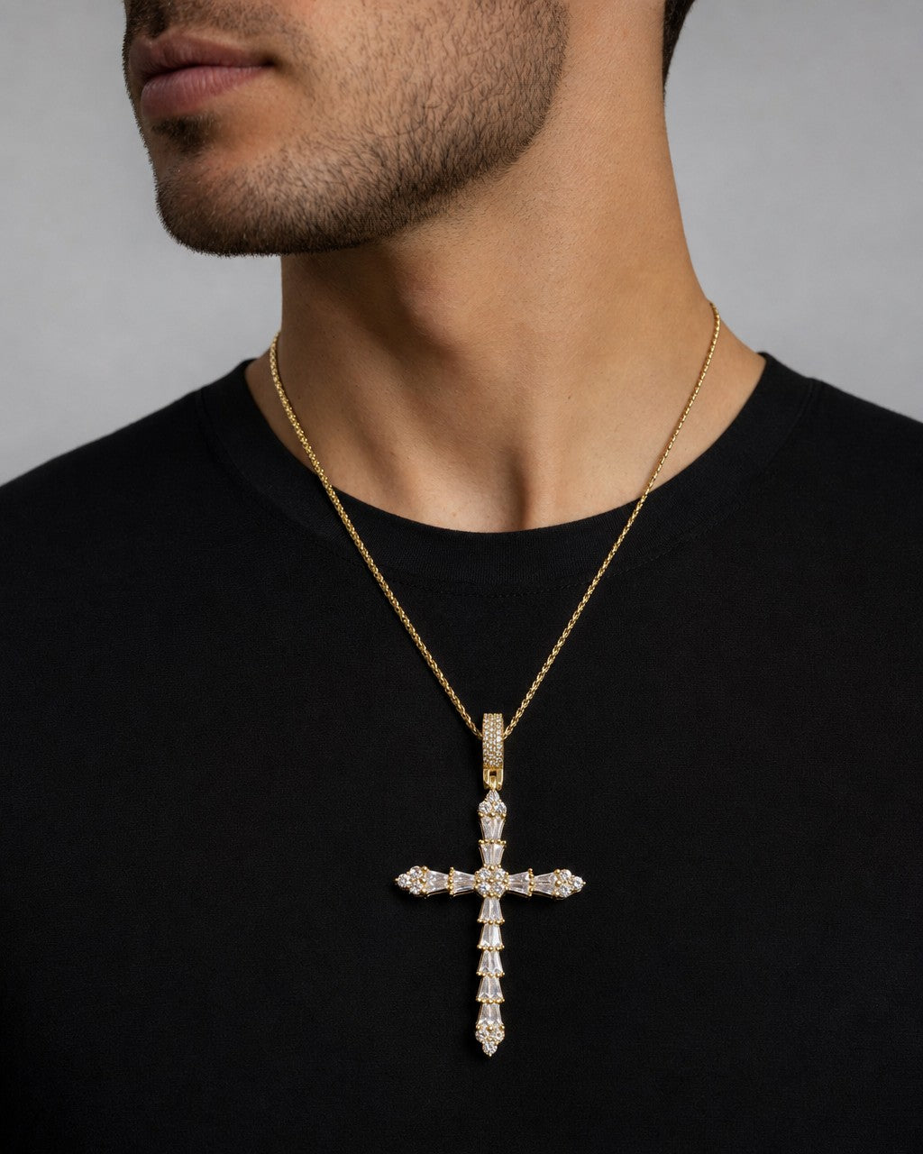 Male model wearing 14K Holy Spirit Cross Diamond Baguette Pendant