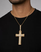 Male model wearing 14K Cross Diamond Baguette Pendant