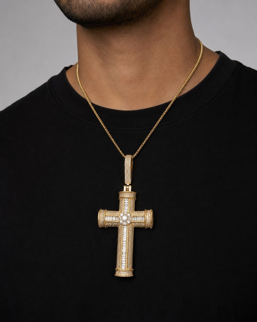 Male model wearing 14K Cross Diamond Baguette Pendant