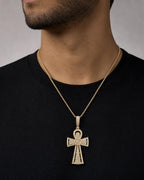 Male model wearing 14K Celtic Cross Diamond Baguette Pendant