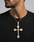 Male model wearing 14K Square Diamond Baguette Cross Pendant