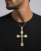 Male model wearing 14K Square Diamond Baguette Cross Pendant