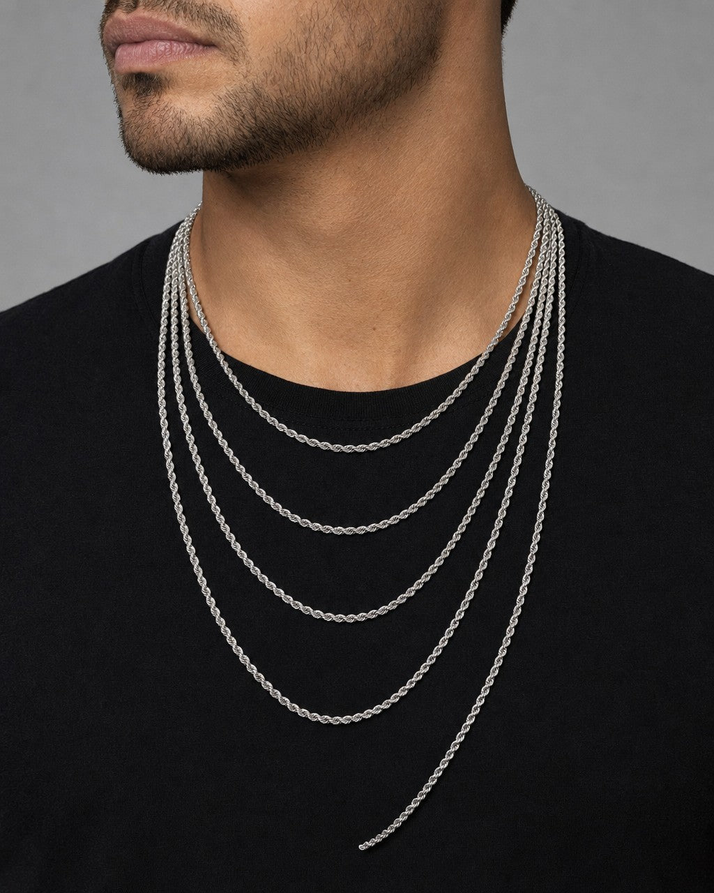 Male model wearing 10K 3.4MM Rope Chain in White Gold 16-24"