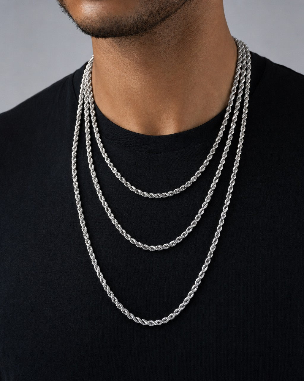 Male model wearing 10K 4.0MM Rope Chain in White Gold 18-24"