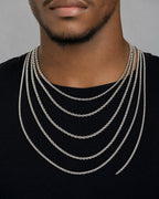 Male model wearing 10K 3.8MM Rope Chain in White Gold 18-24"