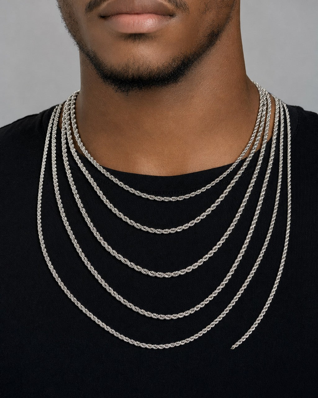 Male model wearing 10K 3.8MM Rope Chain in White Gold 18-24"