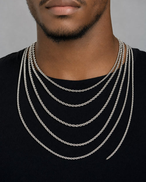 Male model wearing 10K 3.8MM Rope Chain in White Gold 18-24"