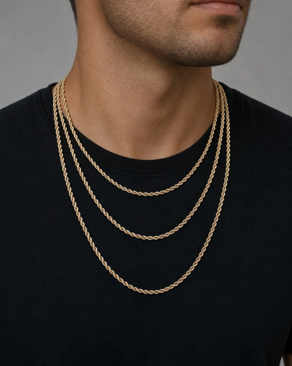 Male model wearing 10K 3.6MM Rope Chain in Rose Gold 16-22"