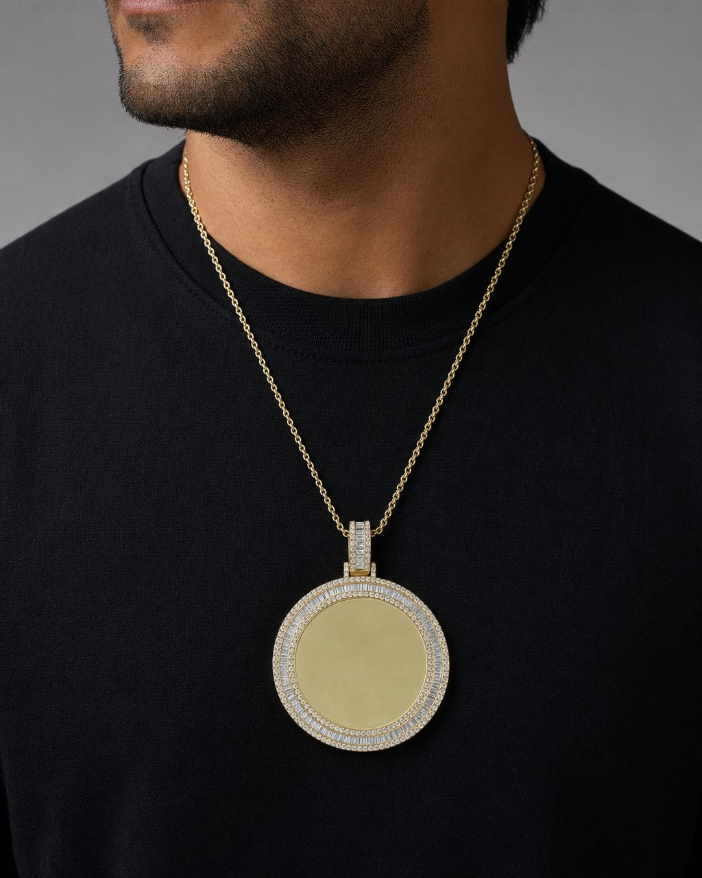 Male model wearing Circle Picture Diamond Baguette Pendant