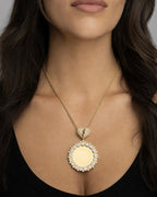 Female model wearing Circle Picture Diamond Pendant Broken Heart Bale