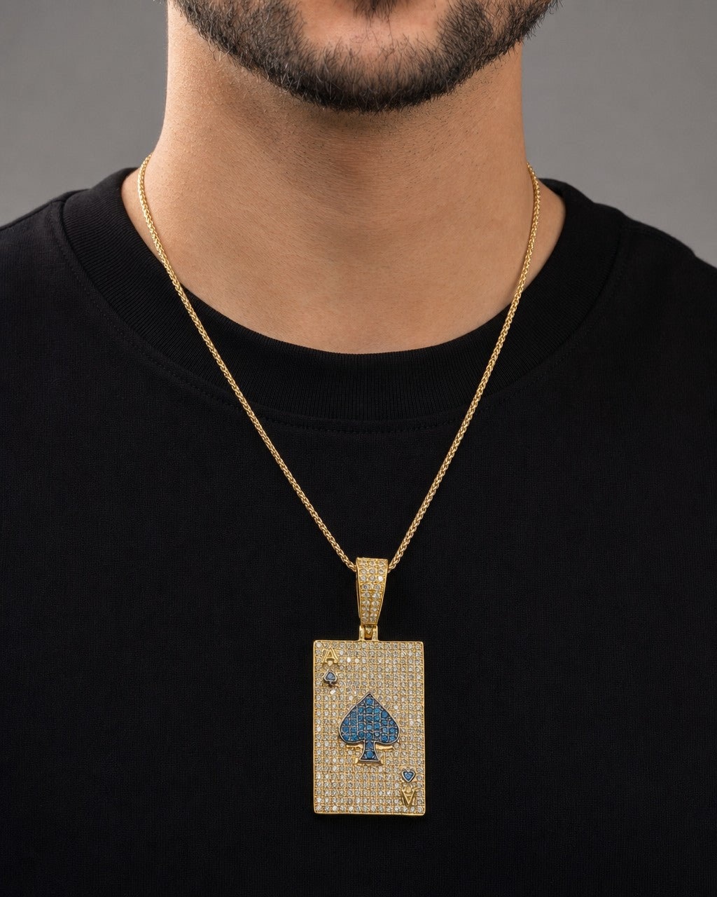 Male model wearing Ace of Spades Playing Card Pendant