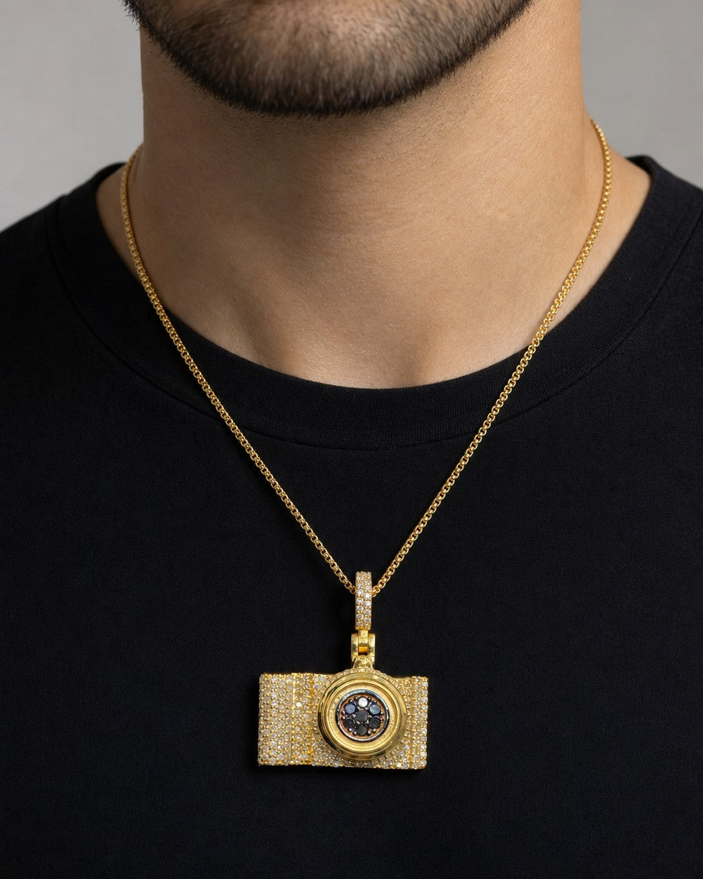 Male model wearing Photography Camera Pendant