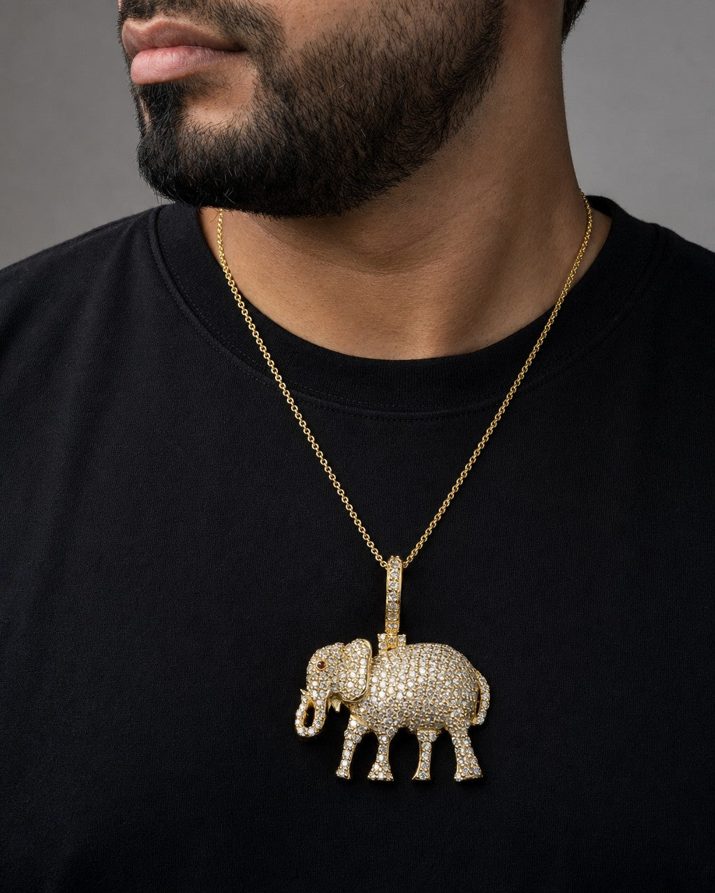 Male model wearing 10K Elephant Diamond Pendant 1.8ct