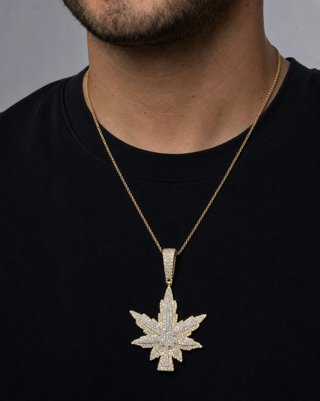Male model wearing Weed Cannabis Pendant 3.7ct