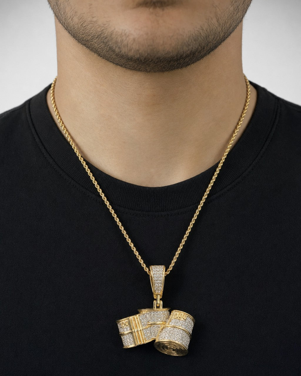 Male model wearing 10k Bundles of Cash Pendant
