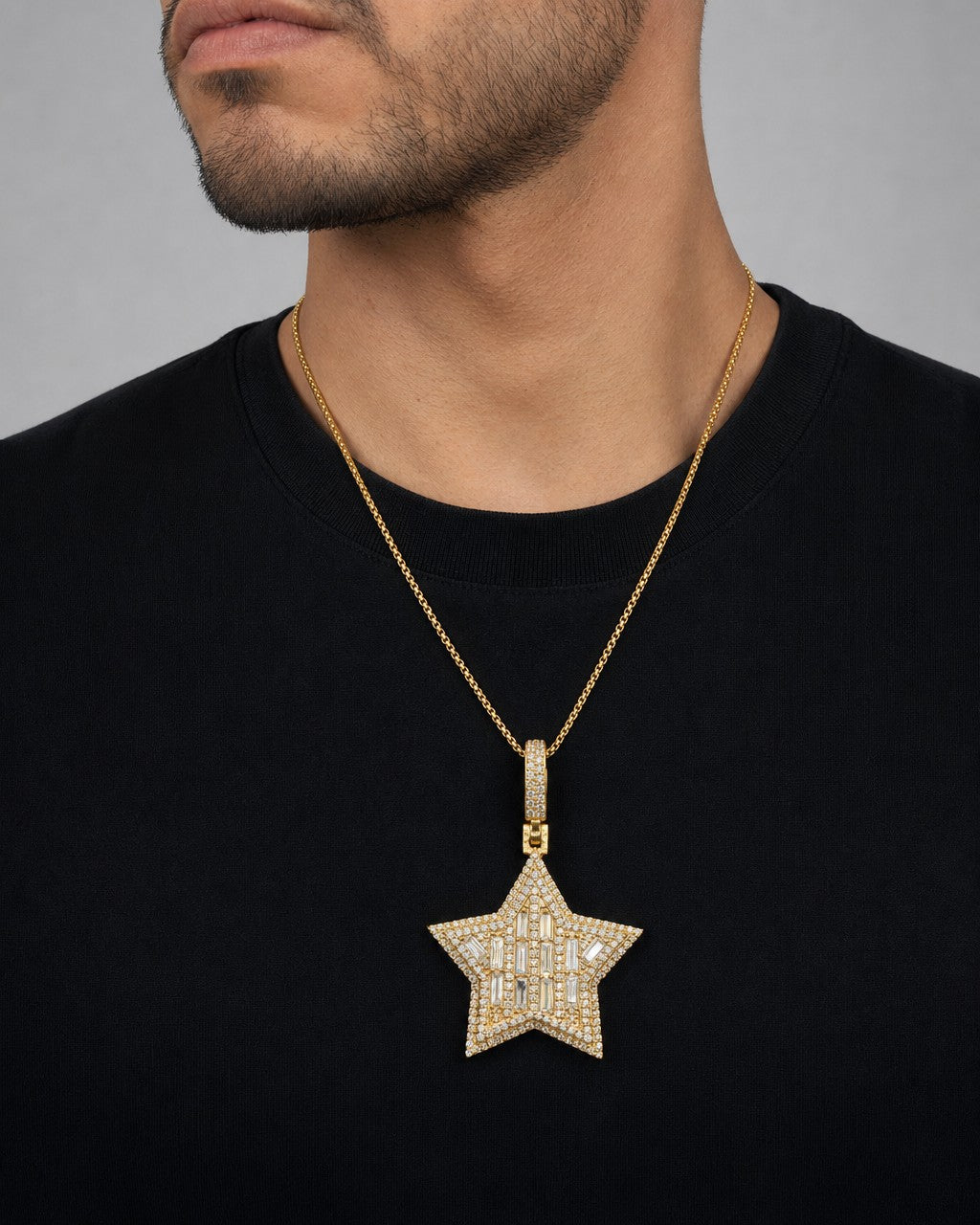 Male model wearing Star Baguette Pendant