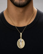 Male model wearing 10K Jesus Save Us Medal Diamond Pendant