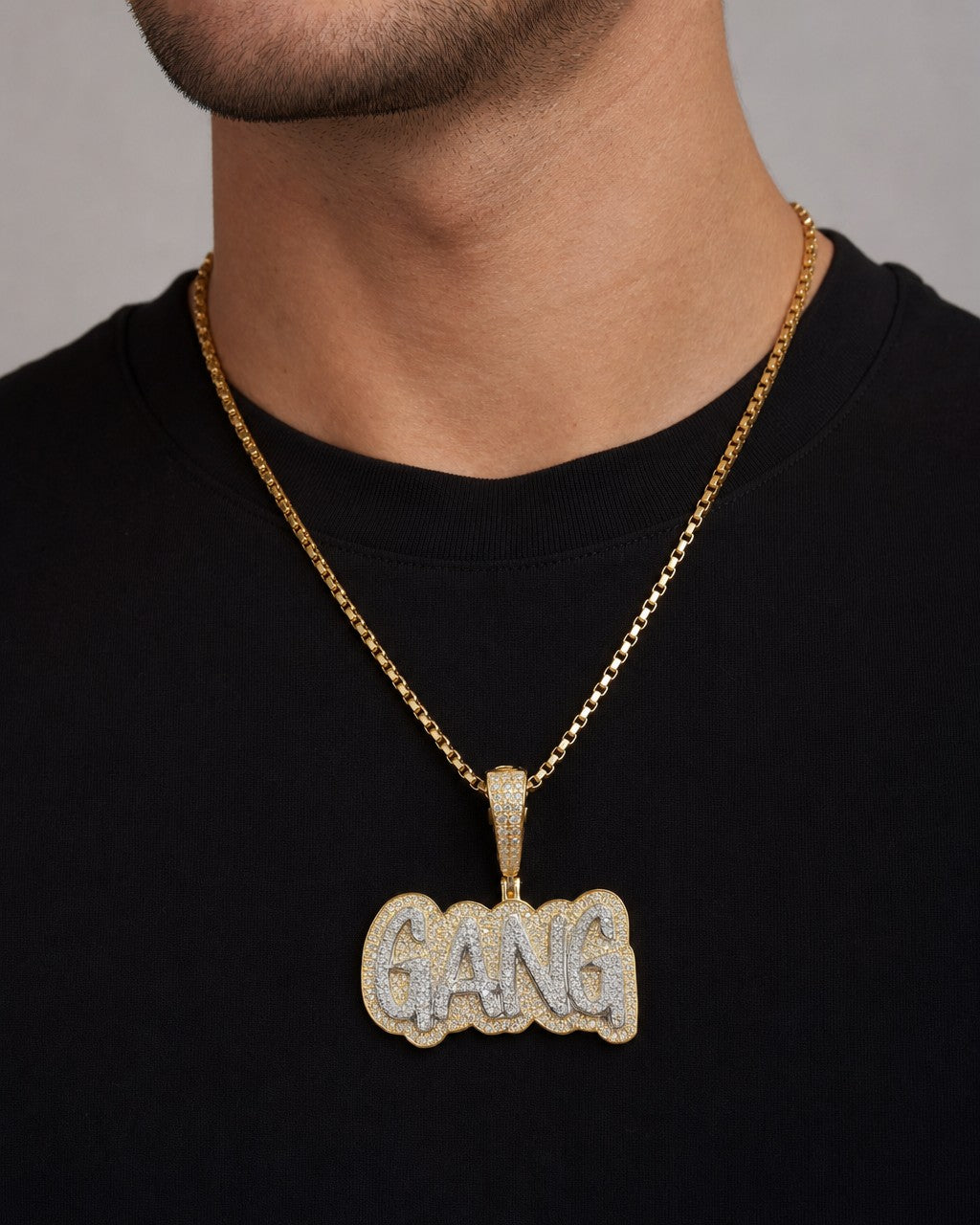 Male model wearing Gang Name Pendant