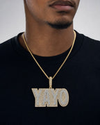 Male model wearing 10K Yayo Name Diamond Pendant