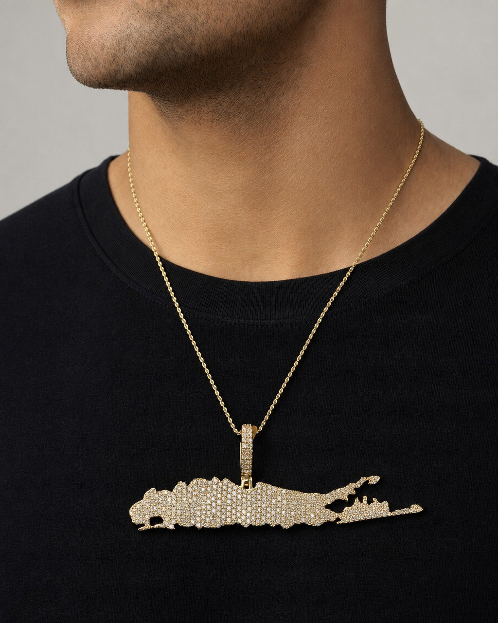 Male model wearing 10K Long Island Diamond Pendant