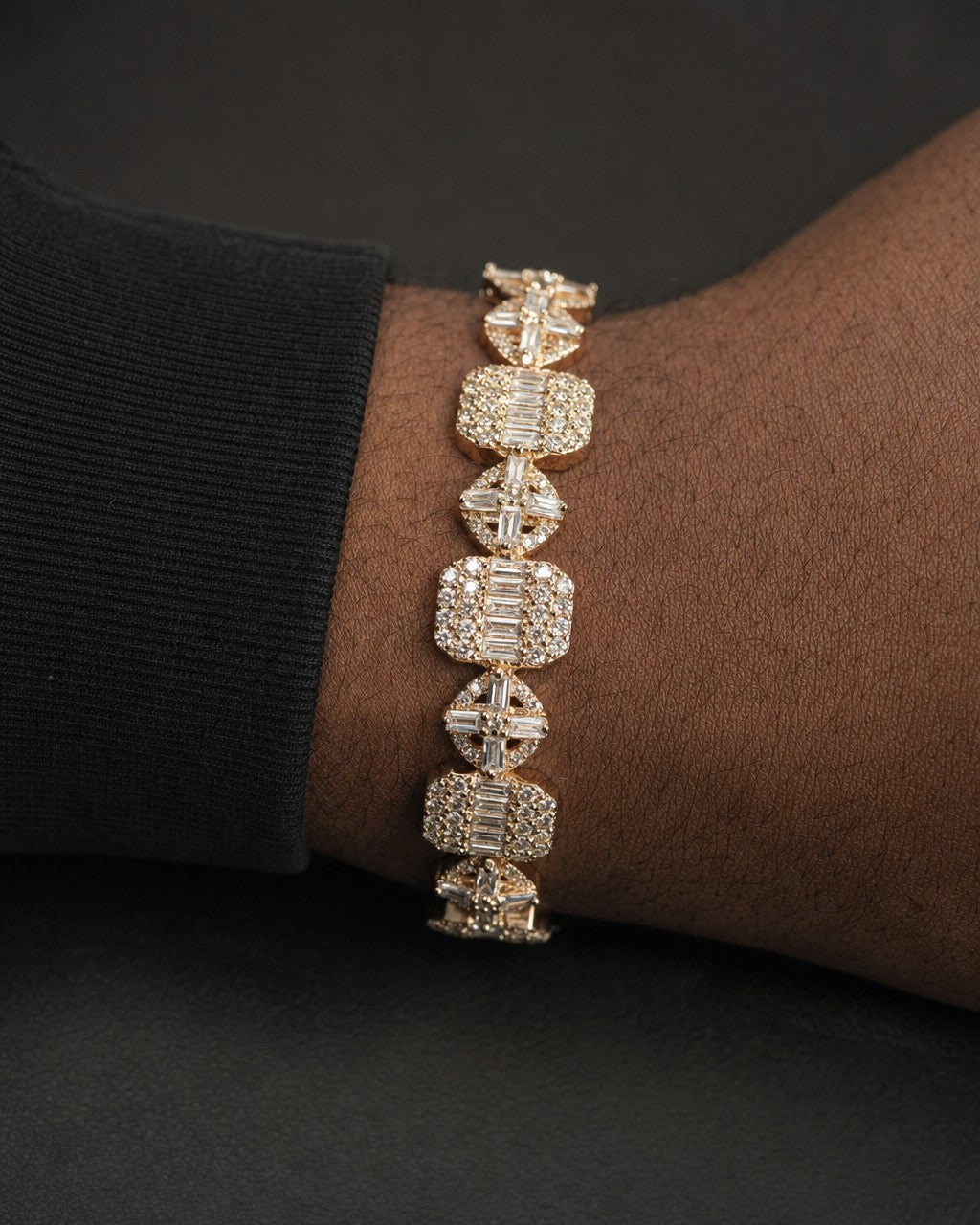 Male model wearing 14K Spiritual Bangle Diamond Baguette Ring