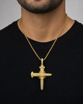 Male model wearing 10K Nail Cross Diamond Pendant
