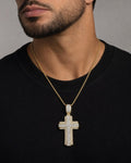 Male model wearing 10K Traditional Cross Diamond Pendant 1.2ct