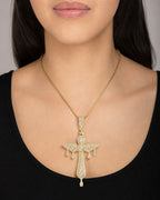 Female model wearing 10K Love Angel Cross Diamond Pendant
