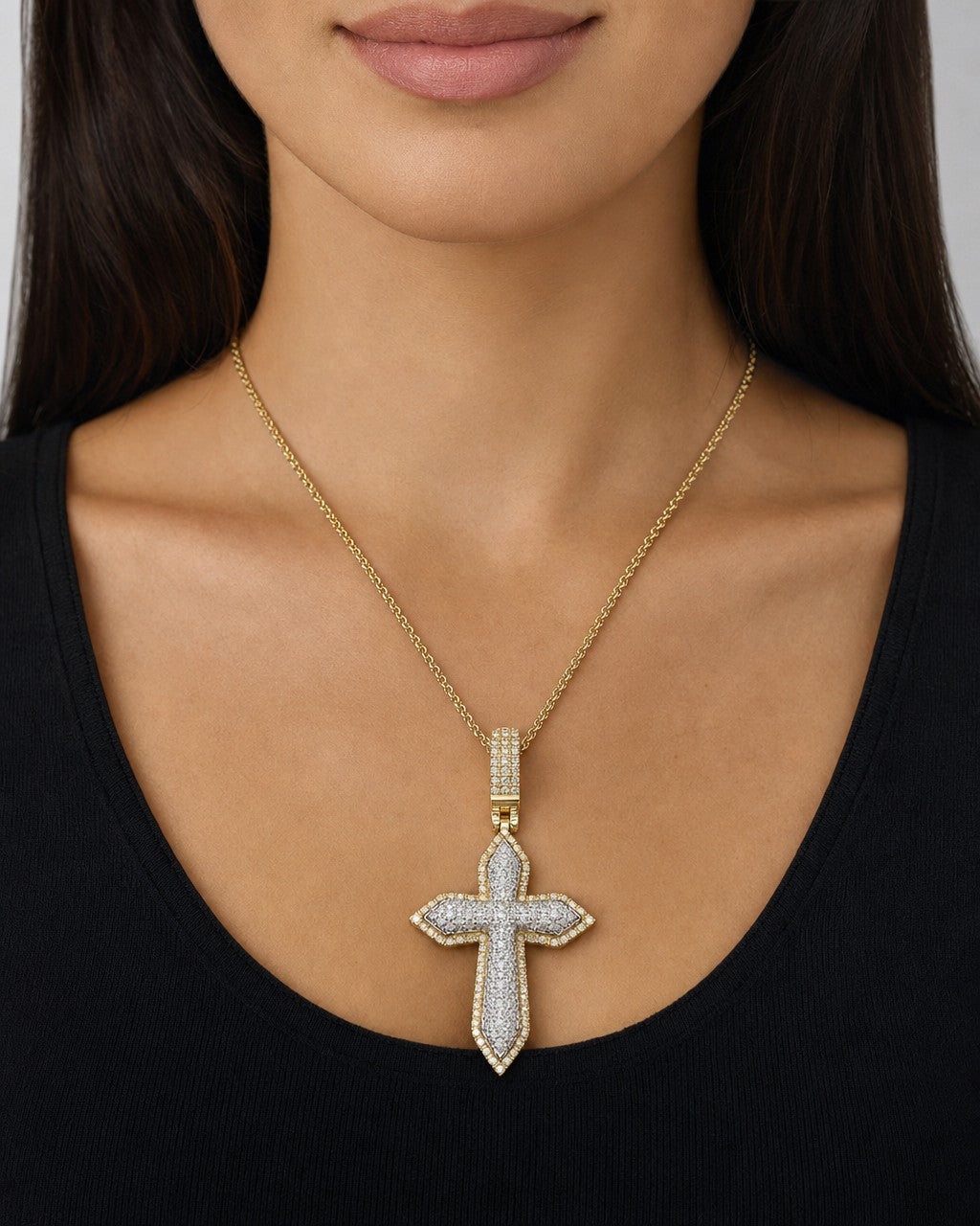 Female model wearing 10K Angelic Cross Diamond Pendant 1.1ct