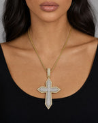 Female model wearing 10K Angelic Cross Diamond Pendant