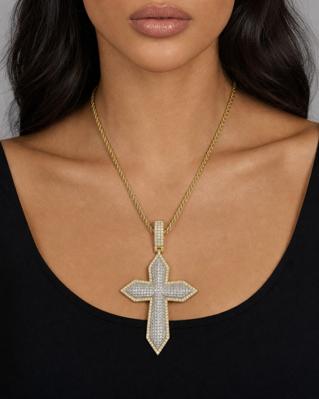 Female model wearing 10K Angelic Cross Diamond Pendant