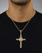 Male model wearing 10K Budded Cross Square Diamond Baguette Pendant