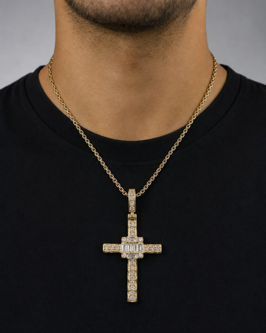 Male model wearing 10K Budded Cross Square Diamond Baguette Pendant