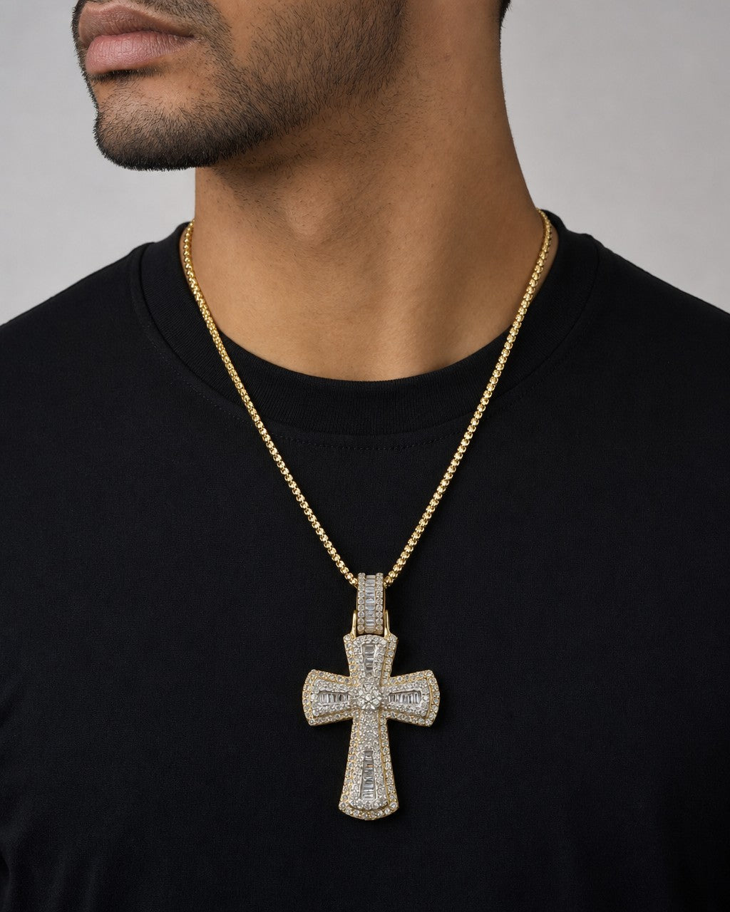 Male model wearing 10K Byzantine Cross Diamond Pendant