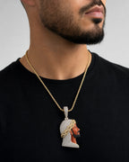 Male model wearing 10K Jesus Head Enamel Diamond Pendant