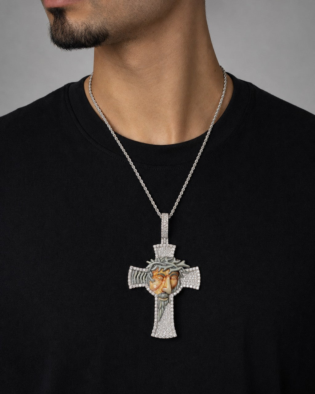 Male model wearing 10K Jesus Cross Enamel Diamond Pendant 3.7ct