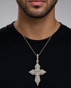 Male model wearing 10K Byzantine Cross Diamond Baguette Pendant