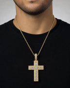 Male model wearing 10K Latin Cross Diamond Baguette Pendant
