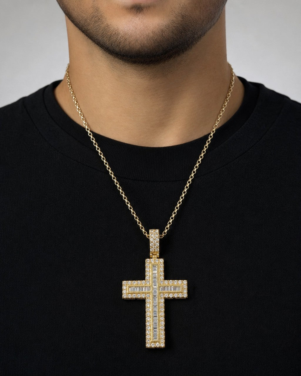 Male model wearing 10K Latin Cross Diamond Baguette Pendant