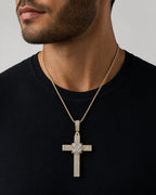 Male model wearing 10K Cross Diamond Baguette Pendant