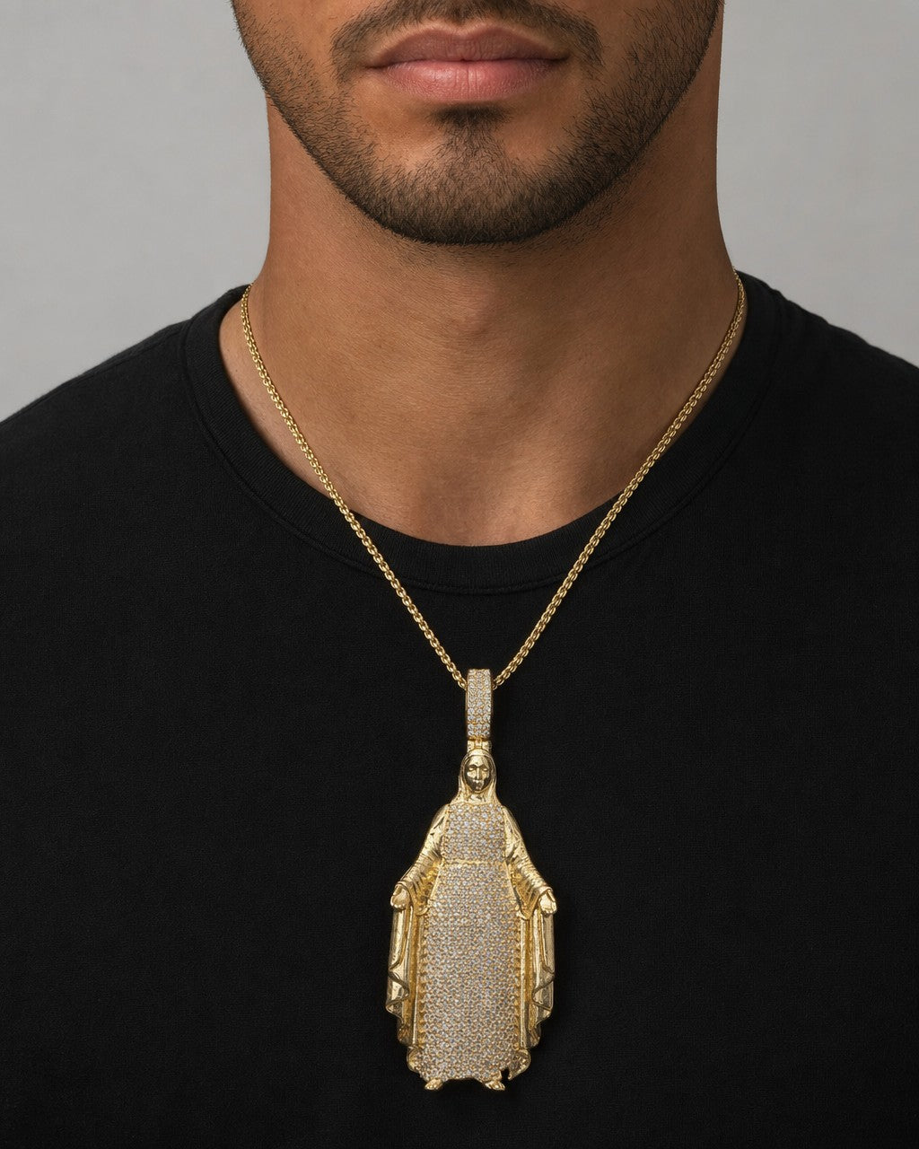 Male model wearing 10K Virgin Mary Diamond Pendant