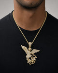 Male model wearing 10K Saint Michael Diamond Pendant