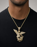 Male model wearing 10K Saint Michael Diamond Pendant